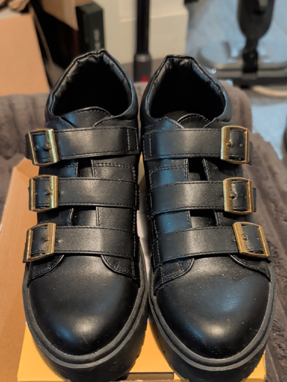 Black Triple-Buckle Leather Platform Sneakers